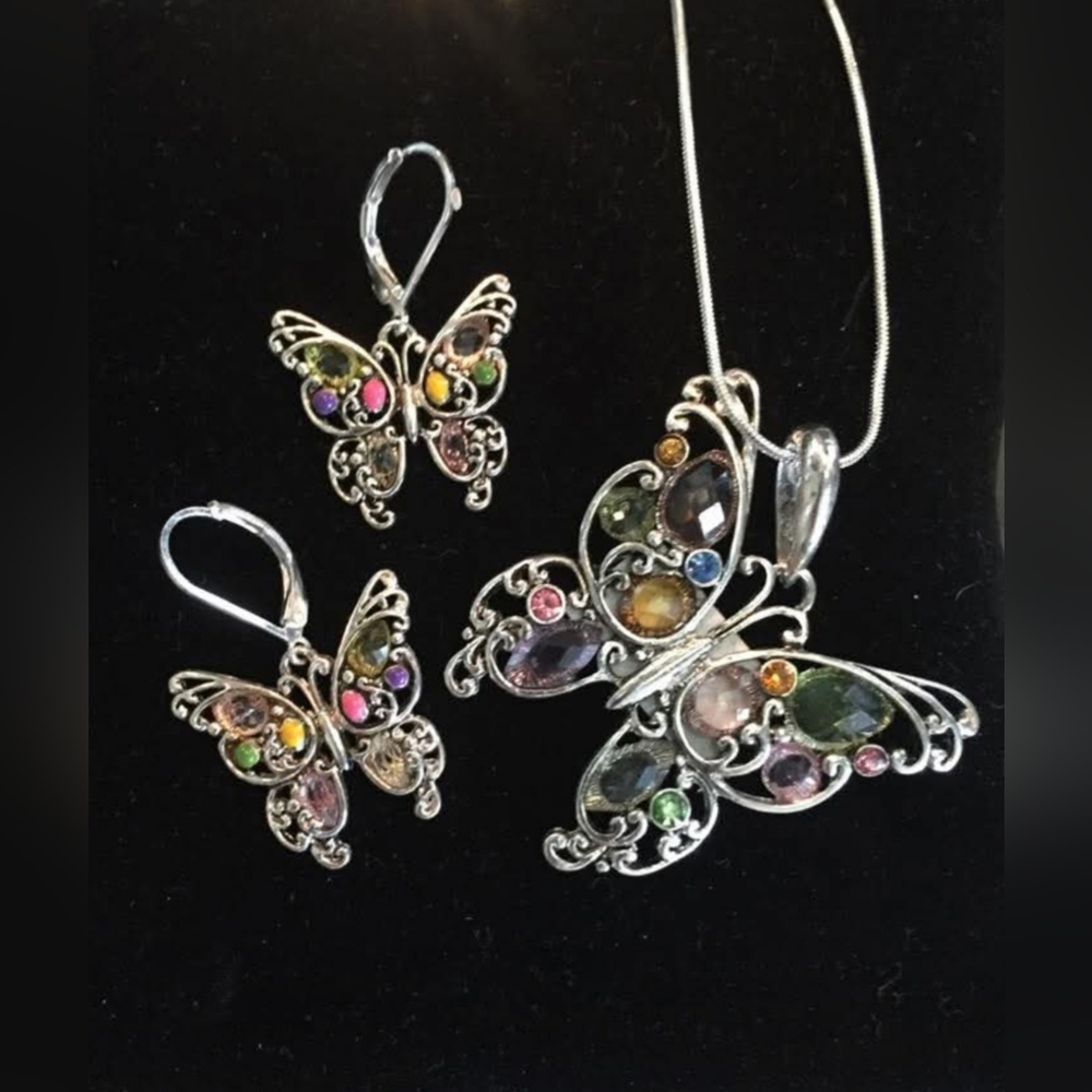 #159 Butterfly Necklace Pendant And Earring Set with Multicolor Stones